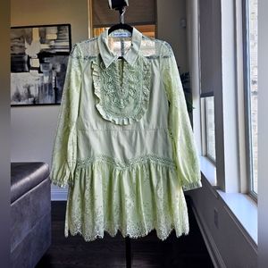 Self Portrait Lace Bib Mini Dress Long Sleeve Mint Green